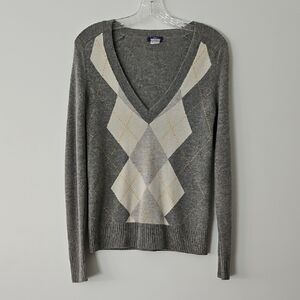 J Crew Sontuosa Cashmere Argyle Vneck Sweater Gray‎ Cream Size Small